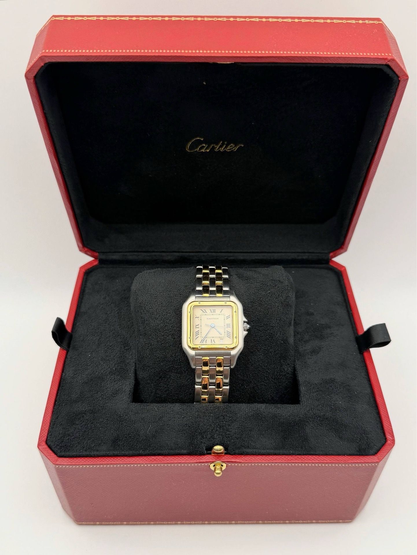 Cartier Panthere 2-Line 183949 27x36mm 18k Yellow Gold and Stainless Steel Bracelet Hidden Clasp White Roman Dial 18k Yellow Gold Bezel Watch Box Appr