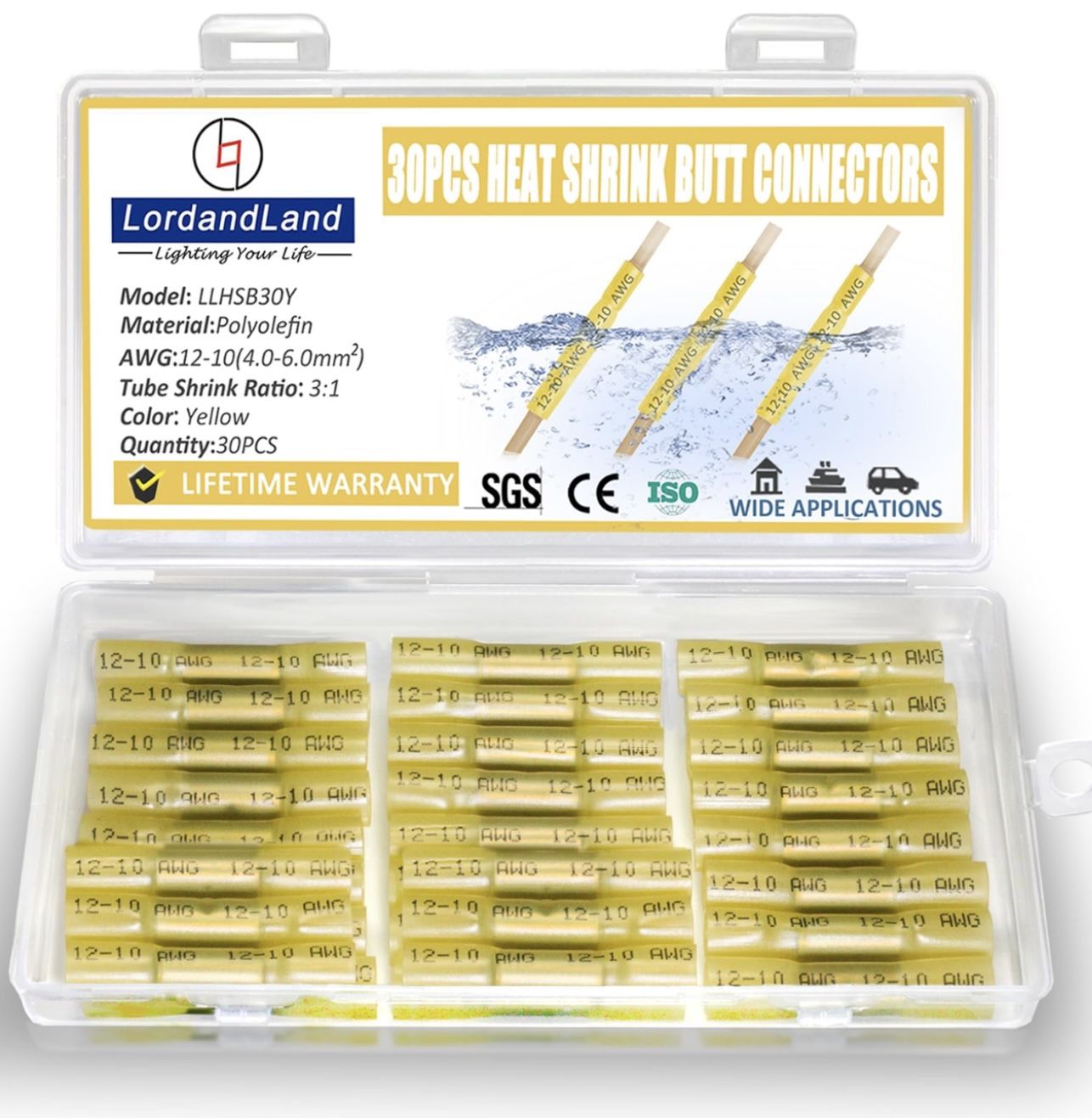 Yellow 30 Pcs Heat Shrink Butt Connectors Kit, Heat Shrink Wire Connectors, Waterproof Insulated Marine Automotive Crimp Terminals Butt Splice Connect