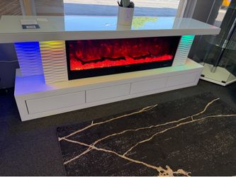 White TV Stand w/ Bluetooth & Speakers + Fireplace