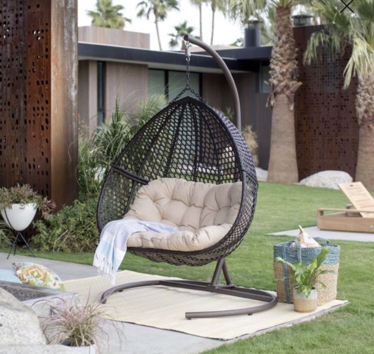Belham living resin wicker hanging egg chair with cushion and top stand