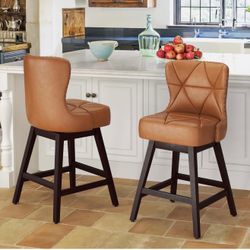 26 in. Whiskey Brown Solid Wood Frame Counter Stool with Faux Leather Upholstered Swivel Bar Stool Set of 2