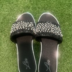 Black Pearl Rhinestone Slide Sandals – Size 38 (Women’s 7.5–8)