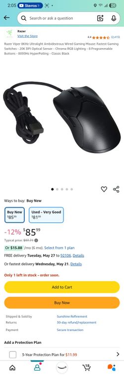 Razer Viper 8KHz Ultralighit Ambidextrous Wired Gaming Mouse: Fastest Gaming Switches - 20K DPI Optica Sensor - Chroma RGB Lighting