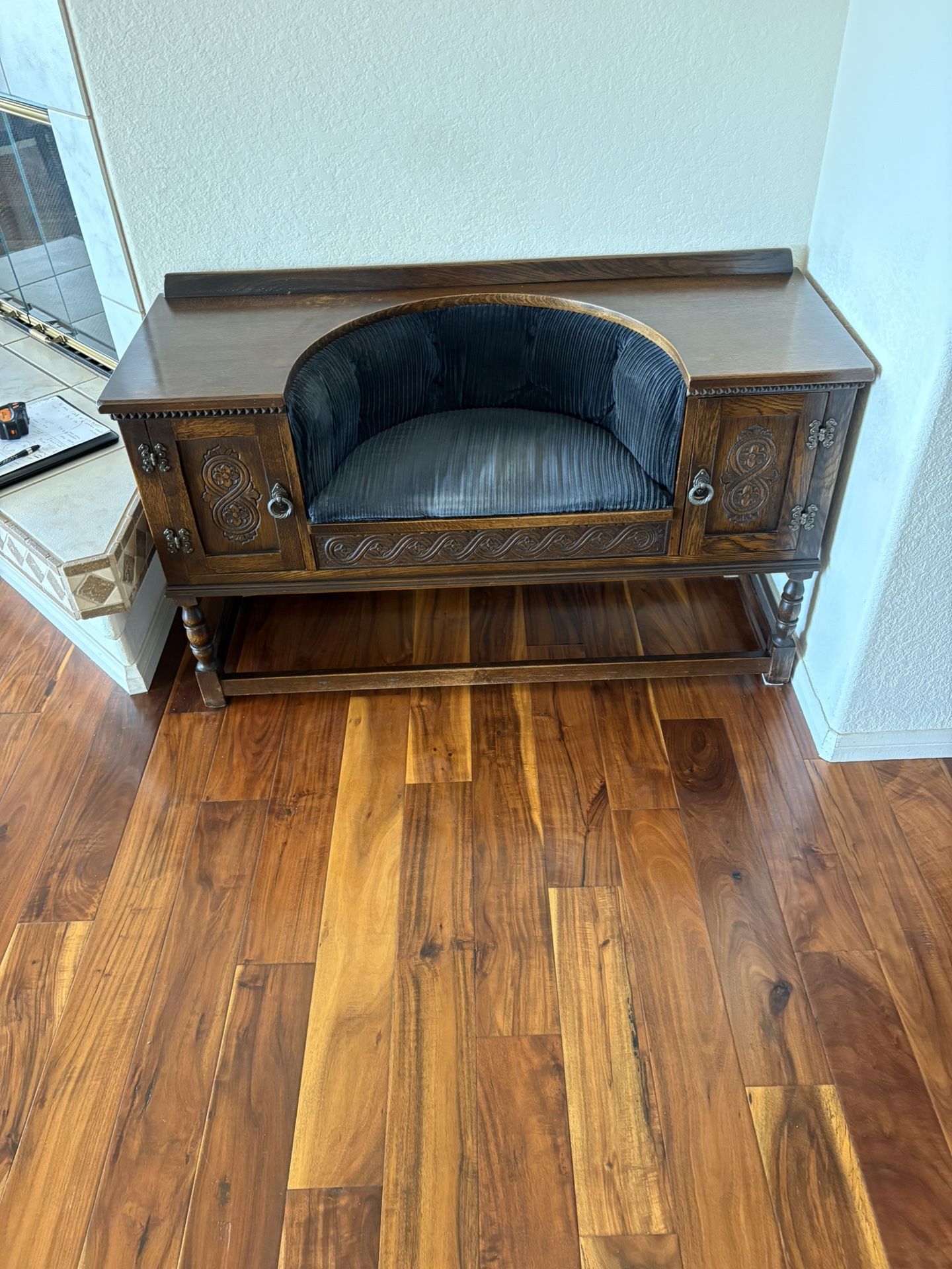 Antique Solid Wood Entryway Bench with Carved Doors and Upholstered Seat