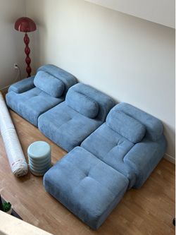 Baby Blue Modular Sectional Couch with Ottoman