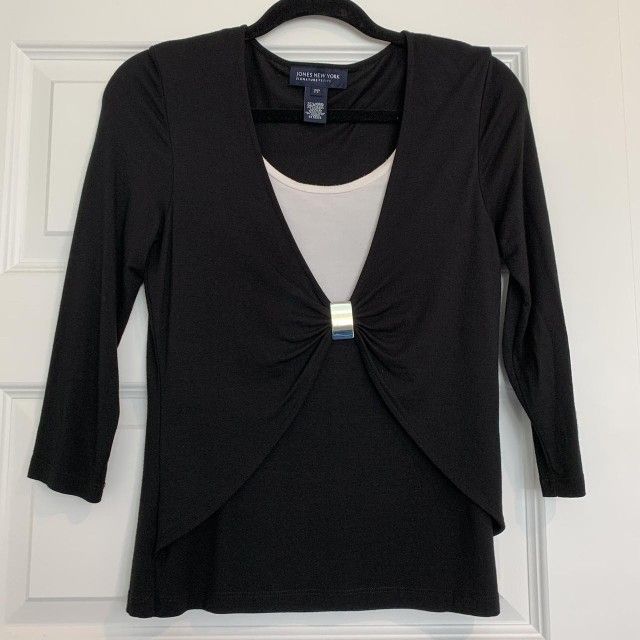 Jones New York Signature Women's Black and White Blouse Top Long Sleeve Shirt Womens Size L Large Blouse T Tee