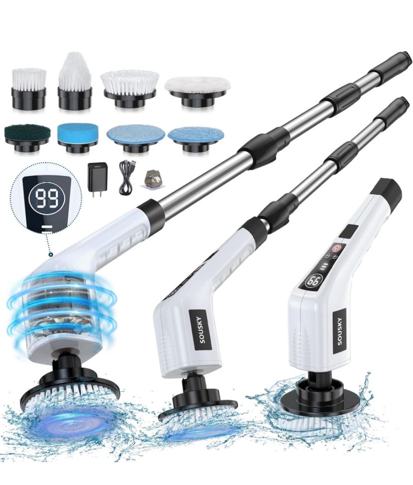 Electric Spin Scrubber, Cleaning Brush Shower Scrubber Cordless Tub and Tile with Battery Display Screen, 8 Brush Heads 140Mins Work Time 3 Speeds 3 A