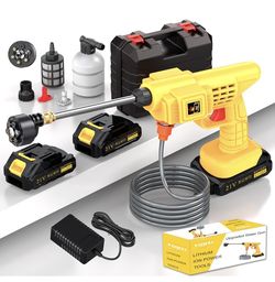 Household car wash Water Gun, car Mounted Cordless high-Pressure Machine, with Quick Connect Nozzle Hose Connector (Yellow Water Gun + Batteries*2 + P