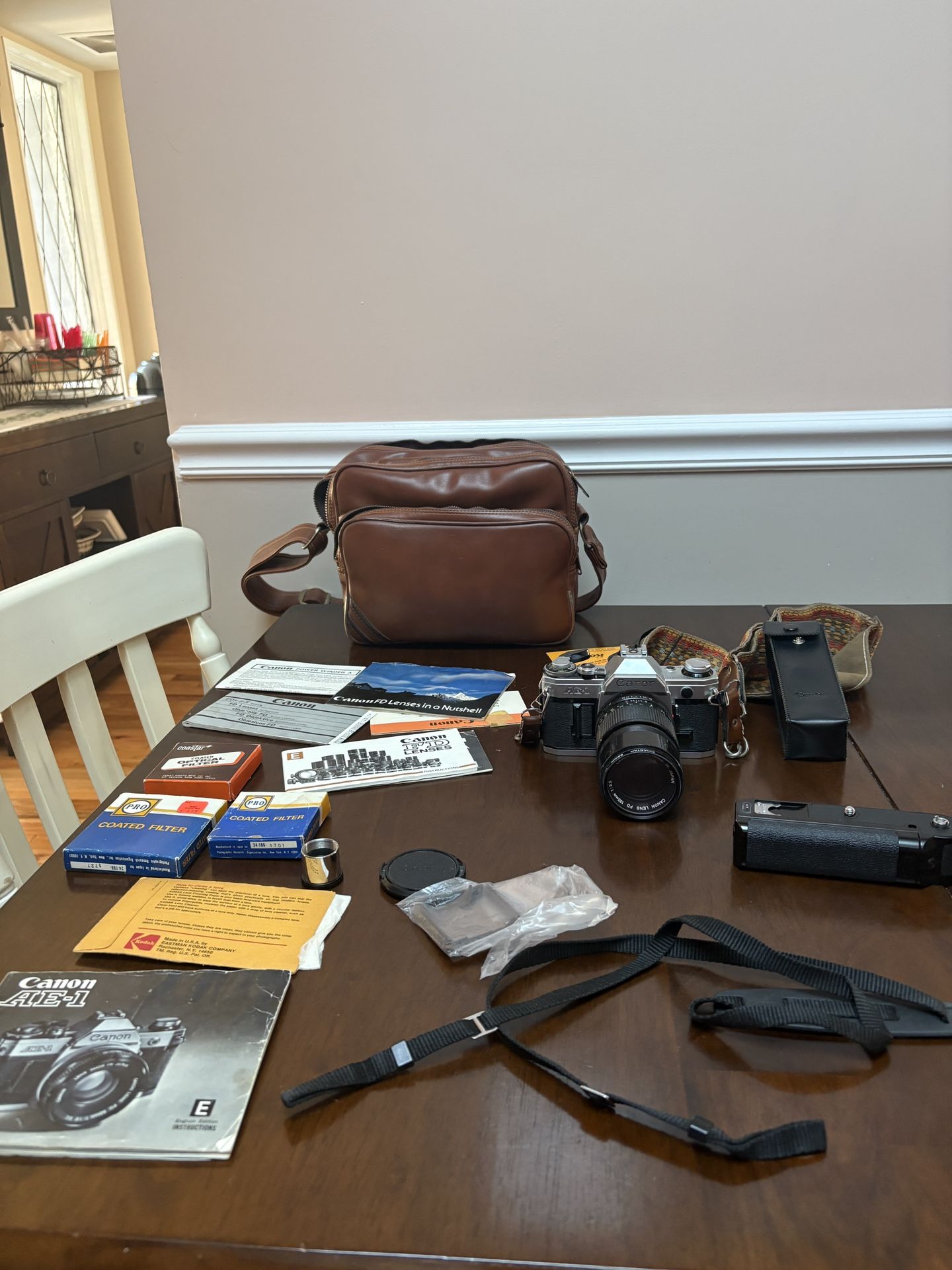 Canon AE-1 SLR Film Camera with Power Winder! Leather Bag And Accessories