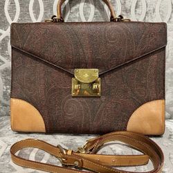 Etro Paisley Top Handle Bag Brown Leather Crossbody Italy Vintage 