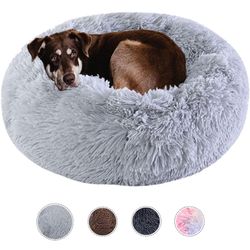  Bed Calming Dog Beds for Small Medium Dogs - Round Donut Washable Dog Bed, Anti-Slip Faux Fur Fluffy Donut Cuddler Anxiety Cat Bed(Light Grey 28")