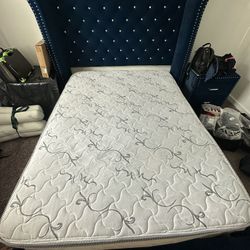 Blue Velvet Queen Bed - Mattress And Box Included
