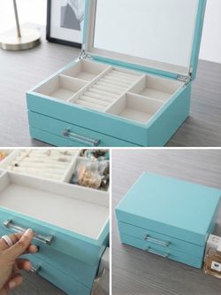 Modern Teal Lacquer Jewelry Box / Armoire with Crystal-Style Handles