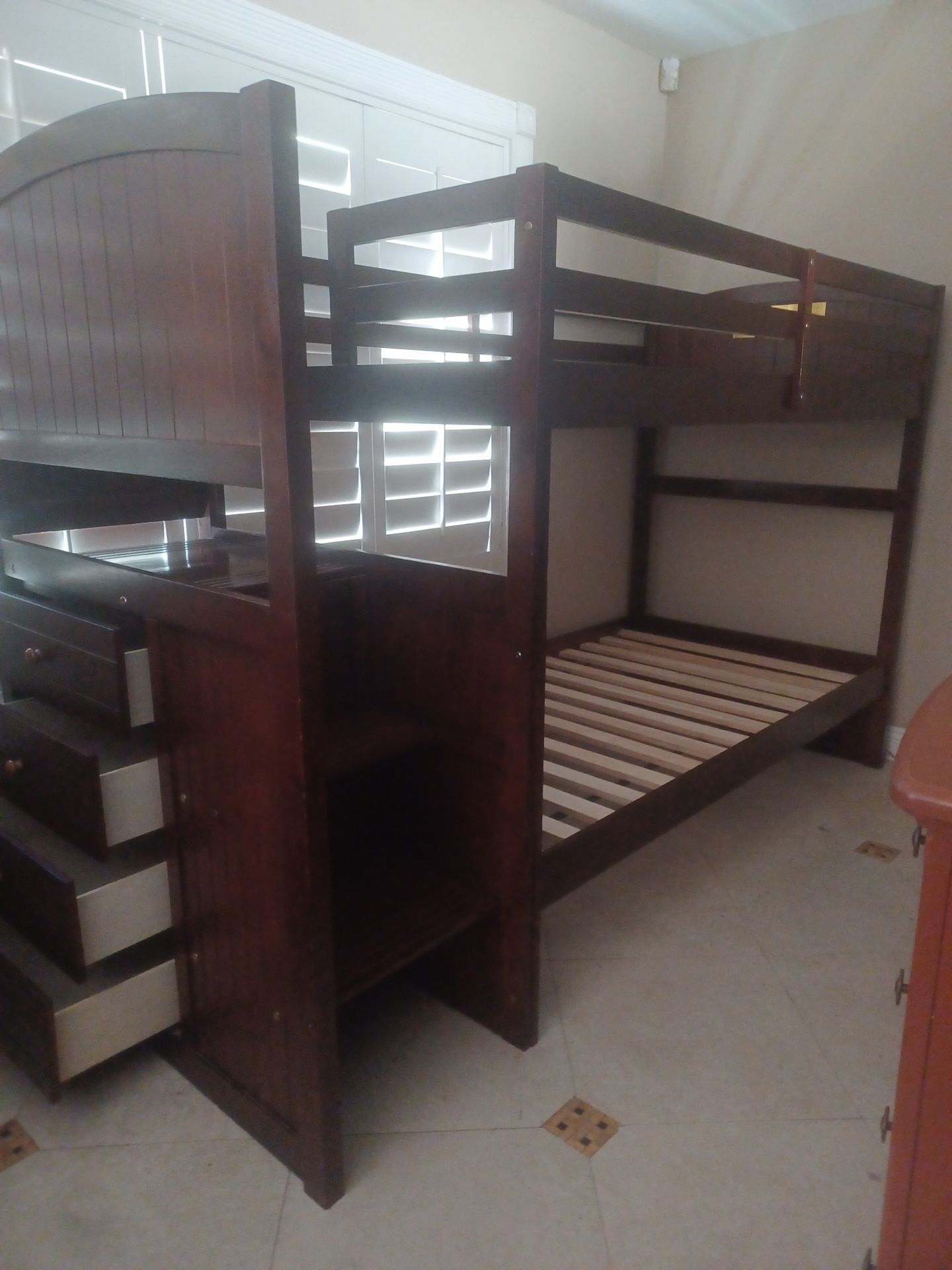Solid Wood Twin Bunk Bed Frame Over Twin Bed w/ Side Storage Drawers