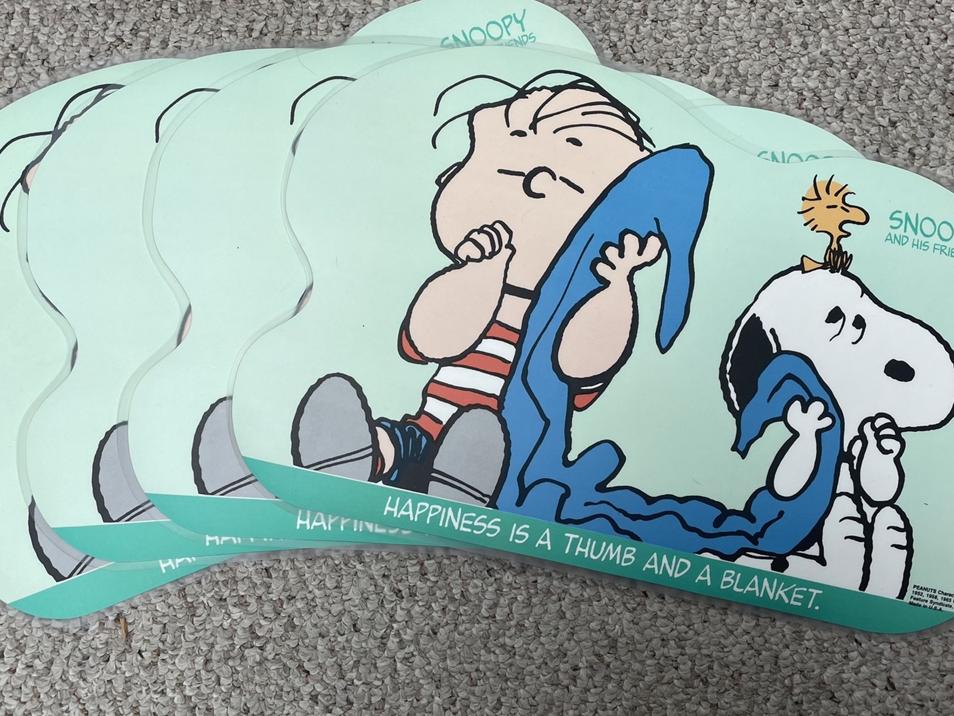 Snoopy & Linus with Blanket “Happiness is a Thumb and a Blanket” Vinyl Placemats- BRAND NEW!
