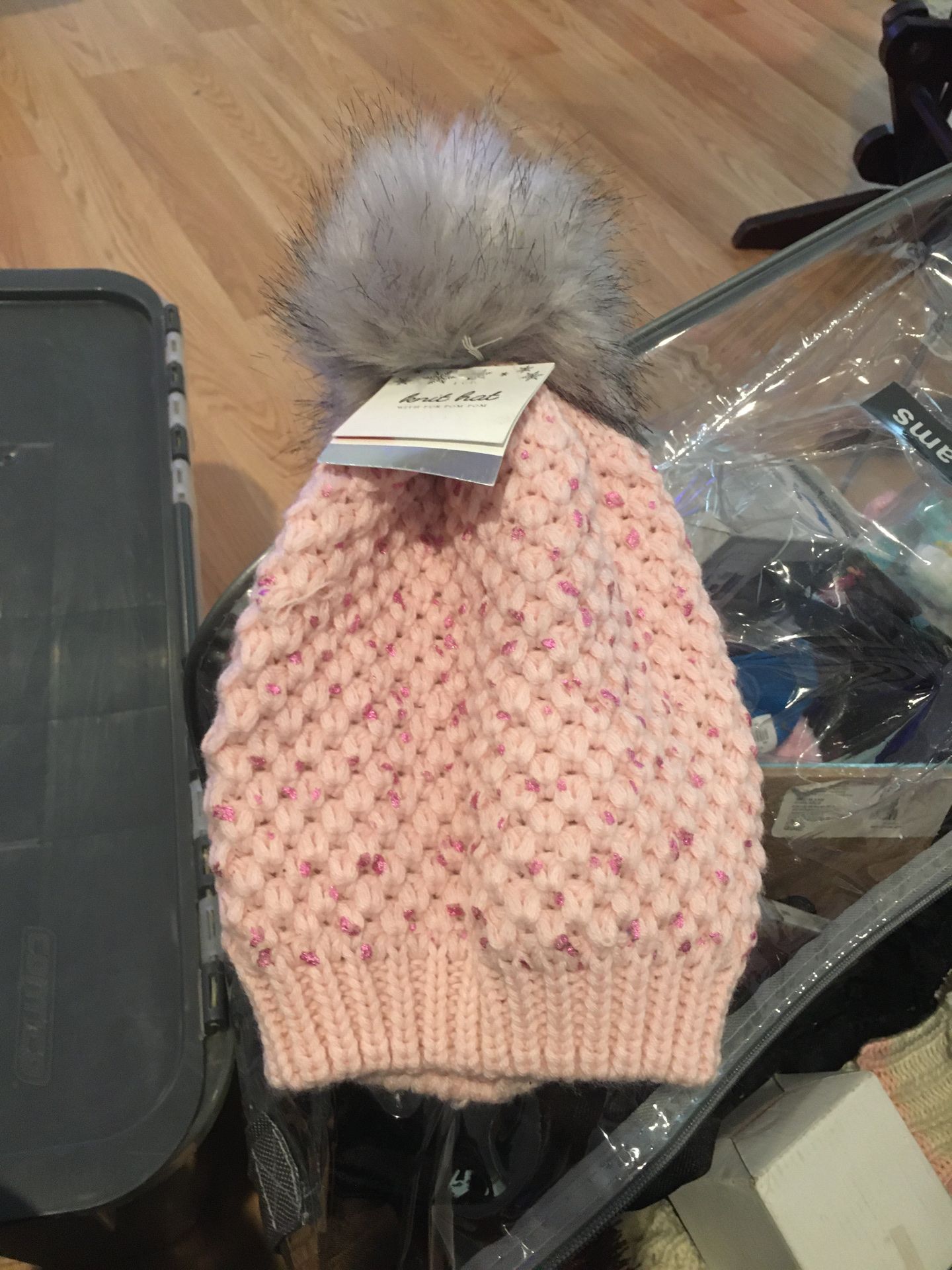 Brand new Pink beanie with fur pompom
