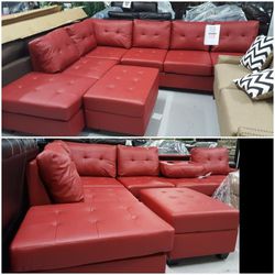 New Red Leather Sectional And Ottoman