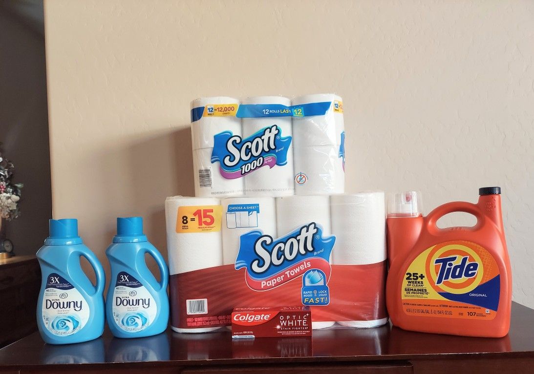 Household Bundle $50 Firm (tide Laundry Detergent, Scott Toilet Paper & Paper Towels,.downy Fabric Softeners, Colgate Toothpaste)