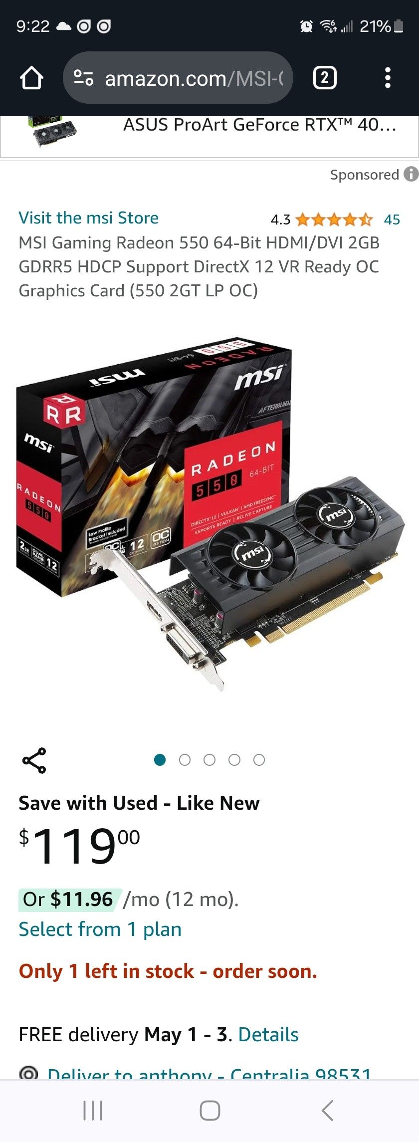 Msi Radeon 550 Graphics Card