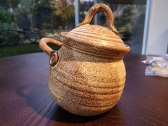Studio Pottery Lidded Bean Pot - Speckled Tan Glaze, Signed, Two Handles