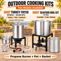 30QT Turkey Fryer & 10QT Fish Fryer Kit / 80QT Seafood Boil Kit, Featuring a Propane Burner