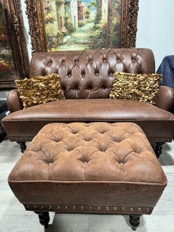 Brown Tufted Leather Loveseat and Ottoman Set