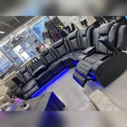 Black Leather Reclining Sectional Sofa With LED Light 