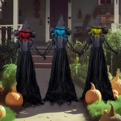 Halloween Witch Decorations Outdoor Yard Stakes 3 Pack, 4.2 FT Multicolored Light Up Scary Flying Witch with Sound Activation, for Halloween Graveyard