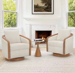 Set Of 2 Doev Linen Color Swivel Accent Barrel Chair Upholstered Armchair Comfy Sofa Chair 360° Club Chair