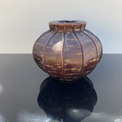 Copper Vase with Ribbed Design and Brown Patina Collectible Metalware