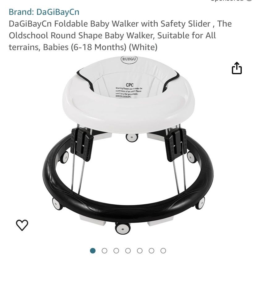 DaGiBayCn Foldable Baby Walker W/Safety Slider The Oldschool Round Shape 6-18 Months Black/White NEW