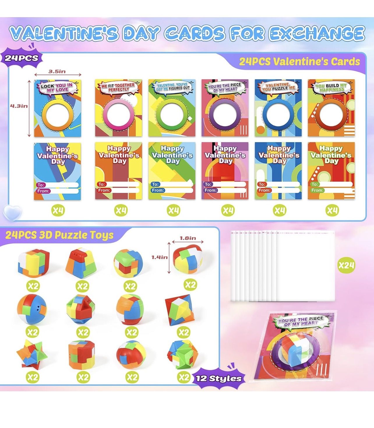 Valentines' Day Cards with 24 Pack Brain Teaser Puzzle for Kids School Classroom.