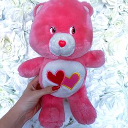 ✨VINTAGE PINK CARE BEAR 13” LOVE HEARTS 2002  LOVE-A-LOT CARE BEAR✨