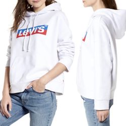 ✨New LEVIS Graphic Logo Oversize Pullover Hoodie White Womens Size XS