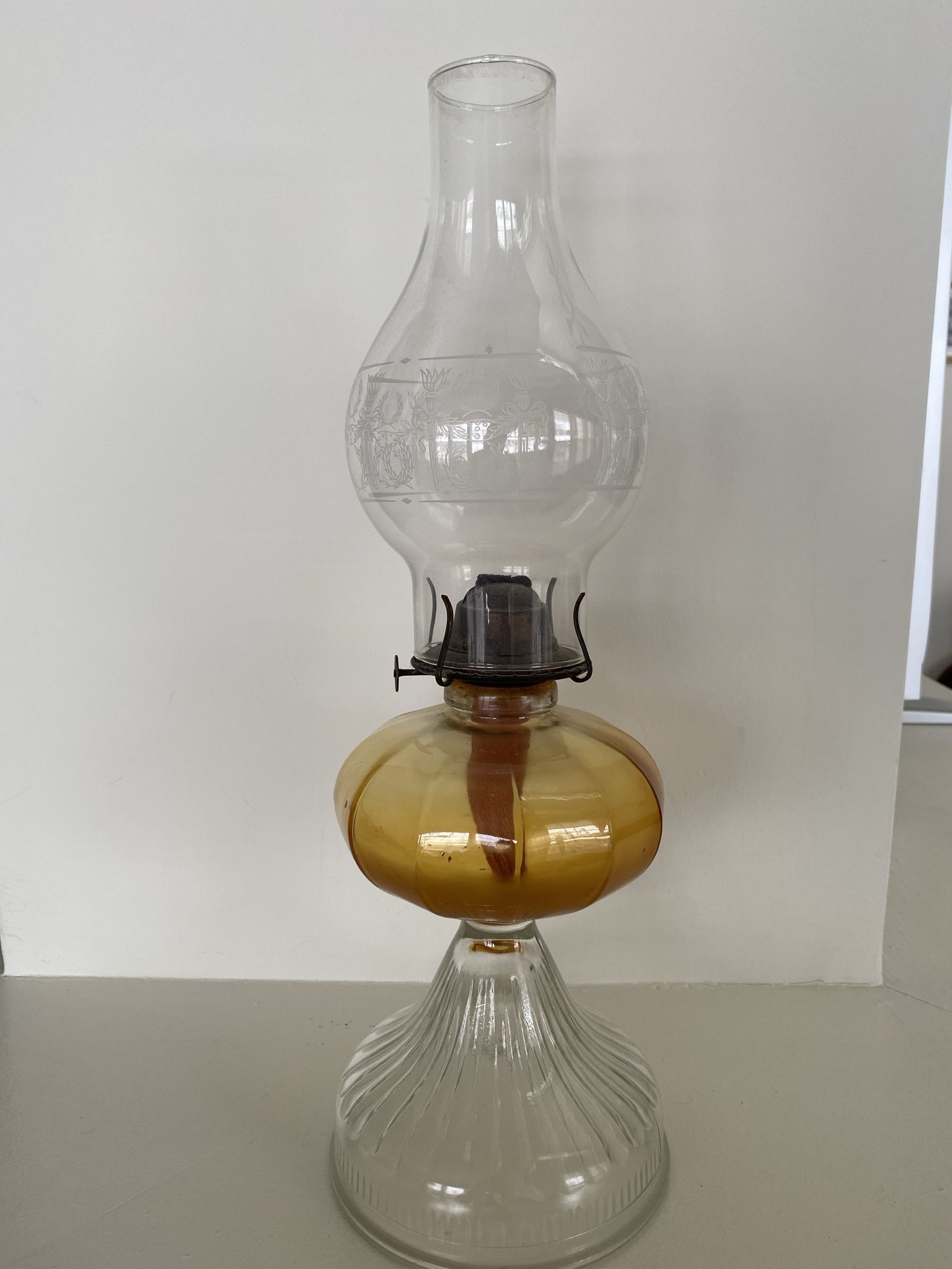 Vintage Antique Glass Hurricane Oil Pedestal Lamp, 19” tall, very good condition