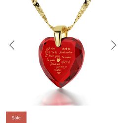 Gold Plated Silver Heart Necklace I Love You in 12 Languages 24k Gold Inscribed Cubic Zirconia

