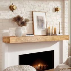 BoscoMondo Solid Wood Fireplace Mantel Shelf, Floating Mantle for Living Room, Farmhouse Rustic Wood Mantel, Easy Wall Mount with Heavy-Duty Metal Bra
