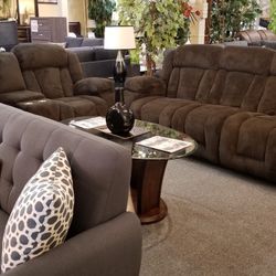 Brand New Brown Padded Linen Manual Reclining Sofa + Loveseat 2PCs Set