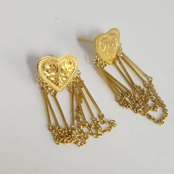 Vintage 18k Yellow Gold Heart Tassel Dangle Earrings