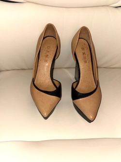 L.A.M.B. wedge heels in beige and black with a lucite platform. Black and beige leather, size 7