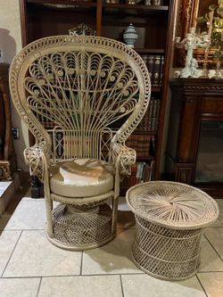 Grand Peacock Rattan Chair with 6 custom cushions and matching side table