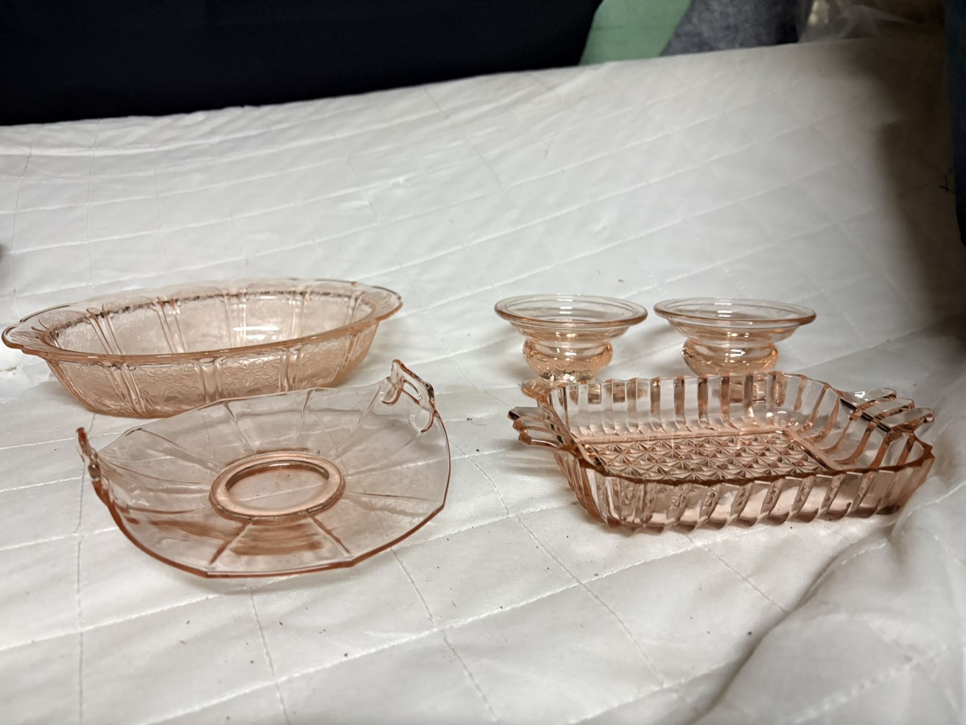 $5 Each. Vintage pale pink candle stick holders, trinket dish, plates