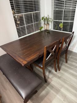 Table, 2 chairs & bench