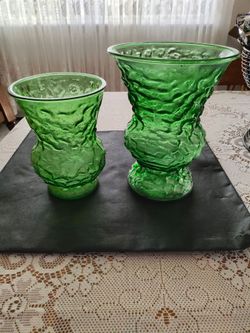 Vintage Emerald green Hoosier glass vases.  Right is very large
