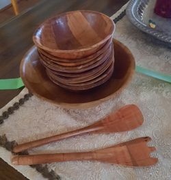 Massive 14-Pc Vintage MCM Monkey Pod Woven Wood Salad Bowl Set - Serves 13!