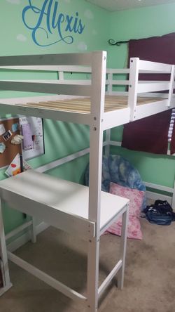 Twin bed frame, raised with desk