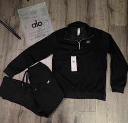 “Black” Alo Quarter-Zip Pullover + Jogger Sweatpants - 2 Piece Set.