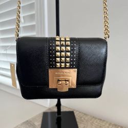 NWT Michael Kors Small Tina Clutch Crossbody With Gold Studs In Black