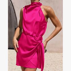Short Formal Satin Dress Summer Sleeveless Mock N eck Tie Waist Cocktail Party Dresses