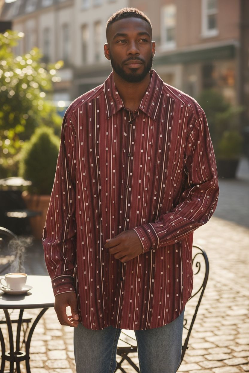 Metro Concepts Men's Size XXL Dress Shirt Long Sleeve Button Up Red/Brown Design. Very Good Condition. The shirt has a striped pattern. The pattern co